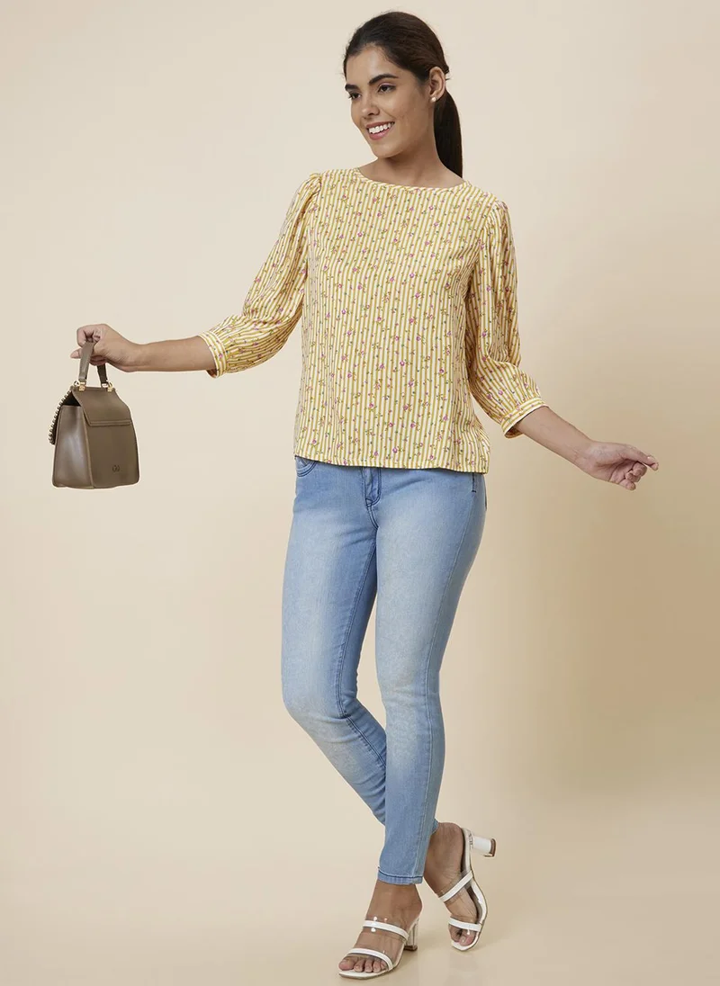 جلو باص Globus Women Yellow & White Floral Printed Puff Sleeves Top
